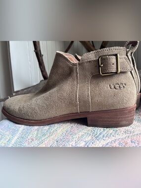 UGG Taupe Suede Ankle Bootie with Buckle Detail